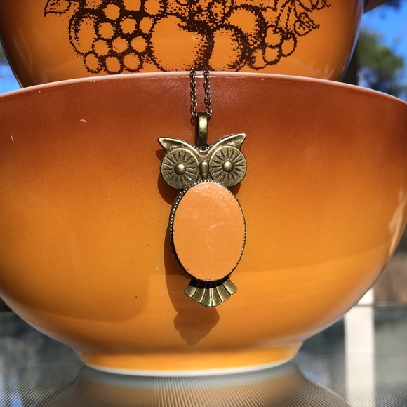Vintage Pyrex Old Orchard handmade upcycled owl pendant and necklace charm - Picture 1 of 6